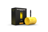 Pirelli Scorpion MTB Smartubes inner tube with Presta valve, designed for disc brake mountain bikes, close-up of the valve and packaging.