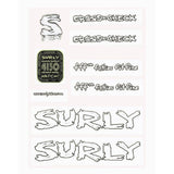 Surly Bikes decal kit and headbadge replacement for frames, showing various stickers and frame components.