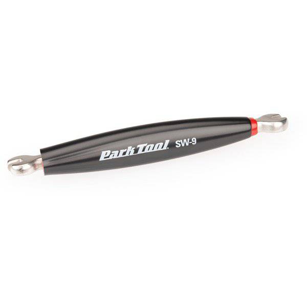 Park Tool SW-9 double-ended spoke wrench with 0.127" and 0.136" nipple sizes, designed for workshop bicycle wheel maintenance.