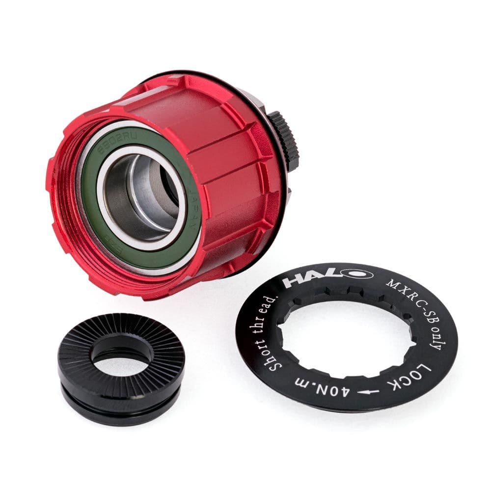 Halo MXR Supadrive cassette body hub spares for MXRC hubs with bush or bearing options, shown in close-up detail.