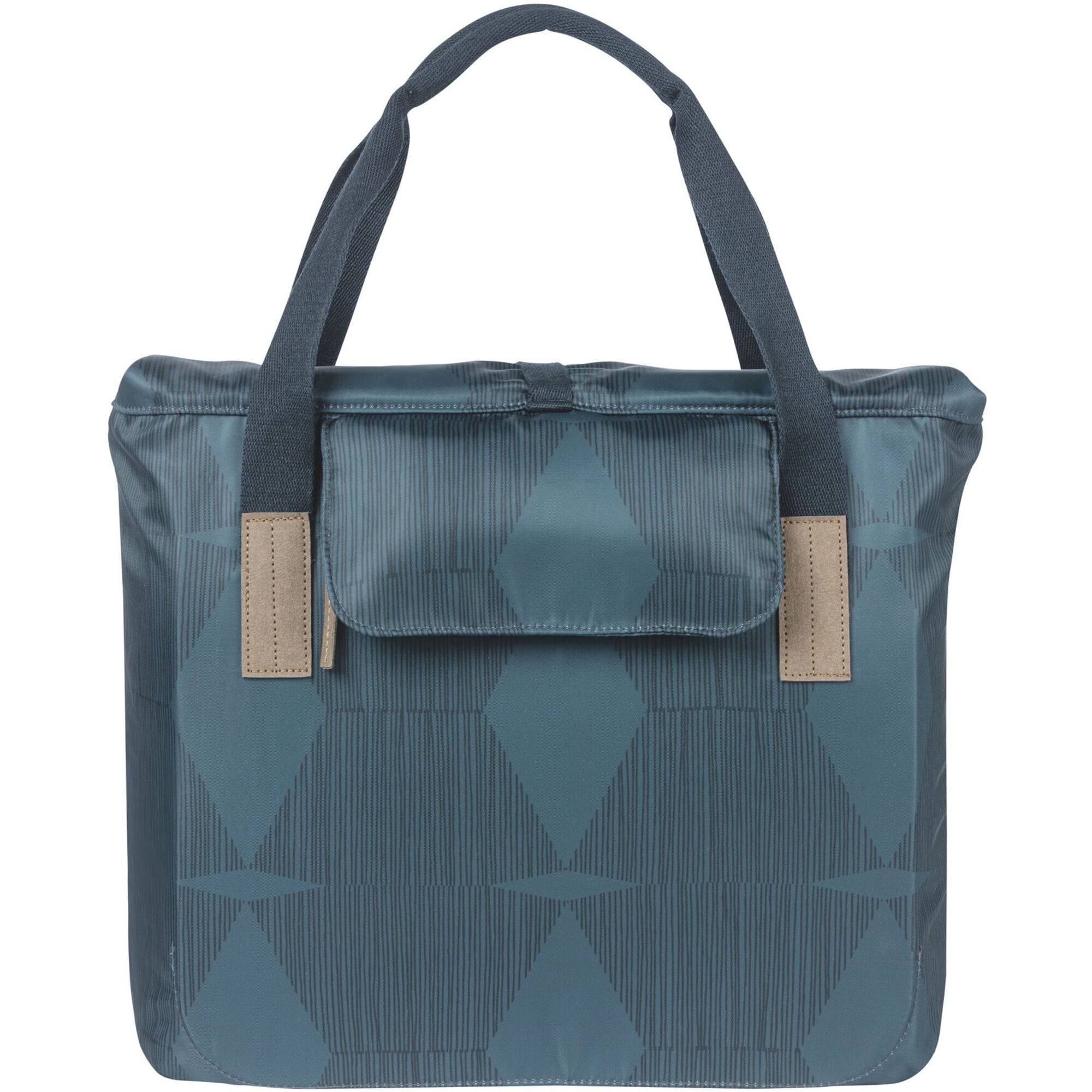 Basil Elegance Bicycle Shopper Bag in estate blue with hook-on system, 20-26L, showing side view of waterproof accessories bag