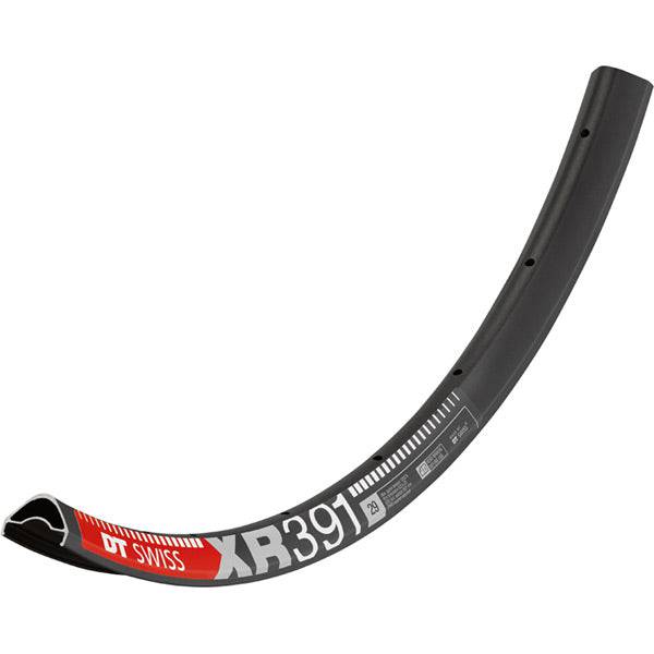 DT Swiss XR 391 SBWT 27.5/29-inch disc-specific tubeless rim in black with Presta valve holes, optimized for mountain biking.