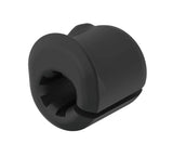 Black Trek internal housing chainstay grommet, cable housing protector for bicycle frame components, shown installed on bike.