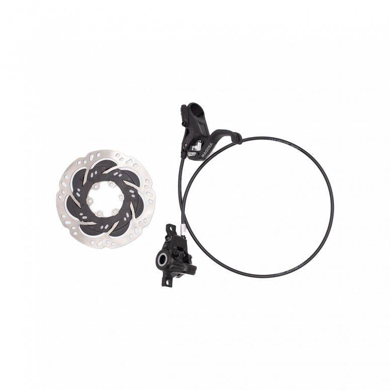Kids Ride Shotgun rear brake kit for kids' bikes, black with HC1 lever, 140mm rotor, child-safe guard, and accessories.