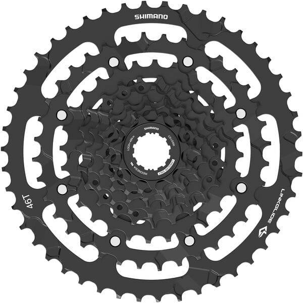Shimano CUES CS-LG300-9 Link Glide 9-speed cassette for multi-purpose bikes and e-bikes, showing the metal gear teeth and branding.