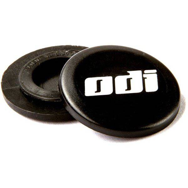 Pair of black ODI Snap Cap replacement end plugs for lock-on grips, designed for secure grip and easy installation on bicycle handlebars.
