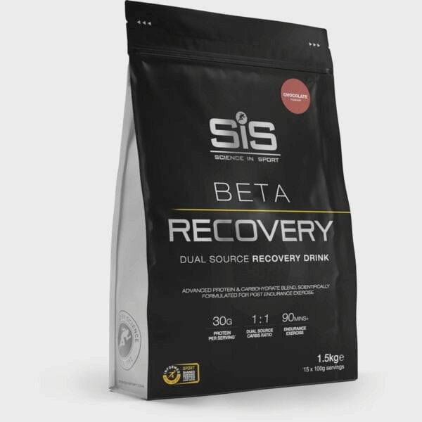 Science In Sport Beta Recovery Drink Powder for endurance and muscle repair, shown in a clear container with scoop and powder.