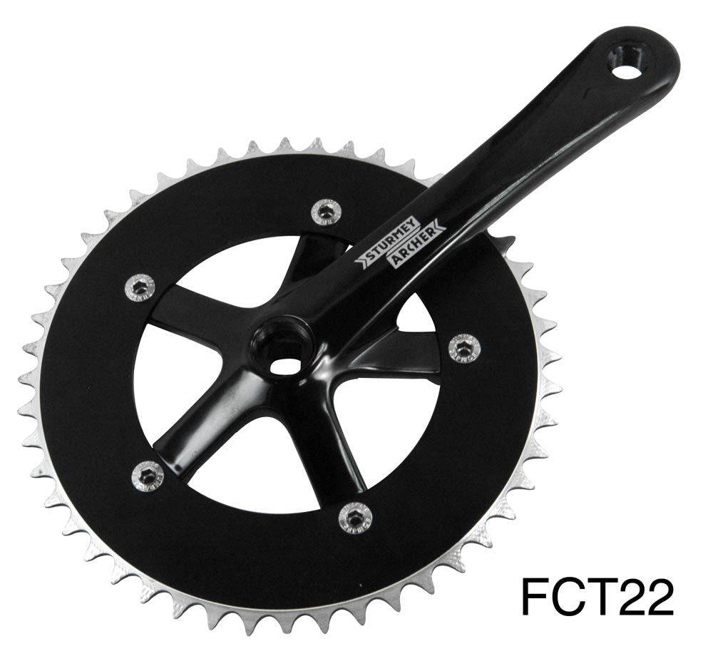 Sturmey Archer FCT22B track cranks with black chainring, showcasing durable components in black or silver finish.