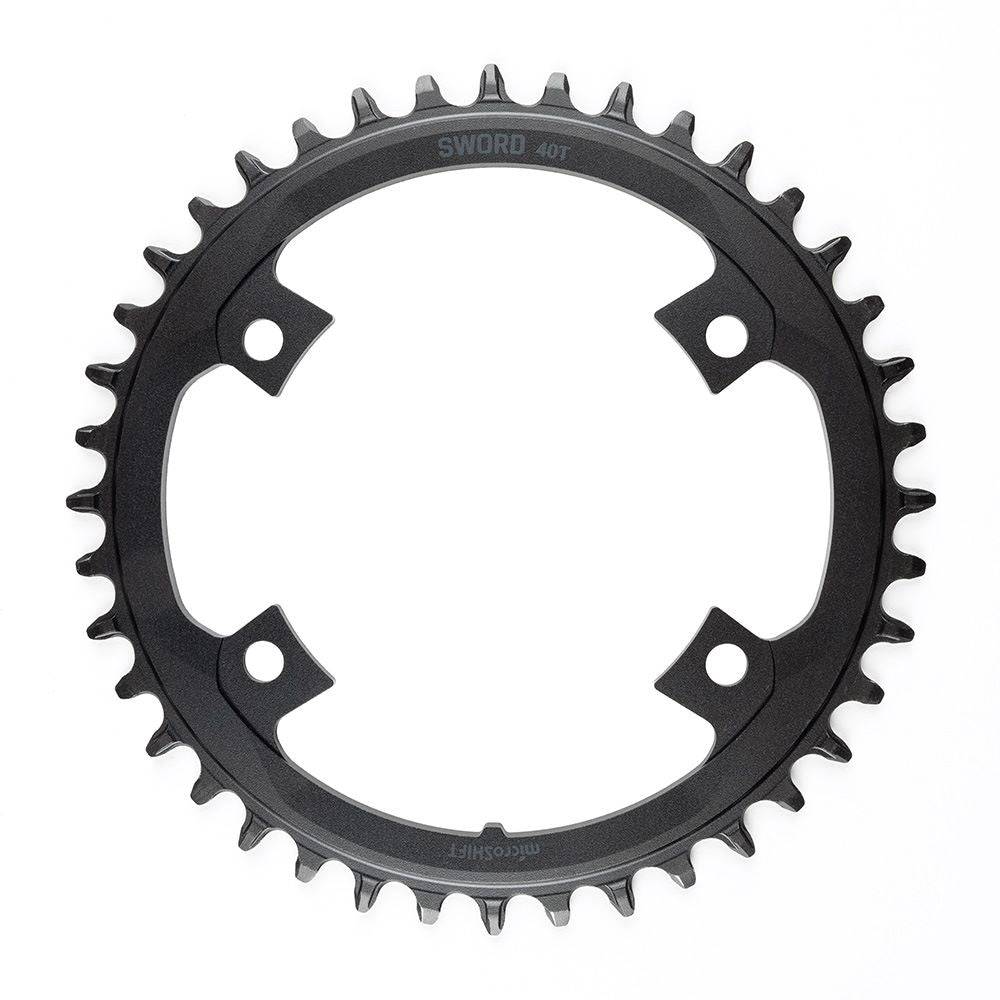MicroSHIFT Sword 110 BCD road bike chainrings, showcasing sleek, lightweight components designed for smooth shifting performance.
