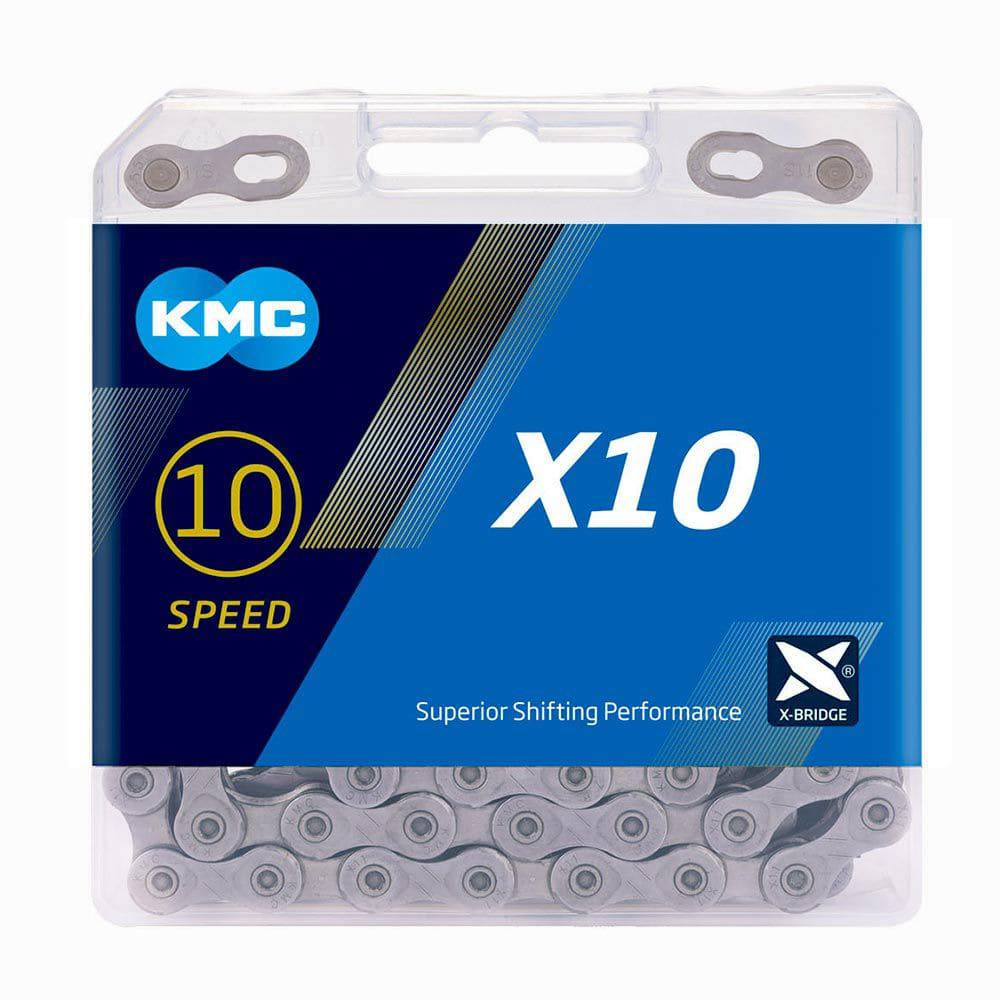 KMC X10 Grey 114L 10-speed bike chain with X-Bridge technology for mountain and road cycling, shown in close-up.