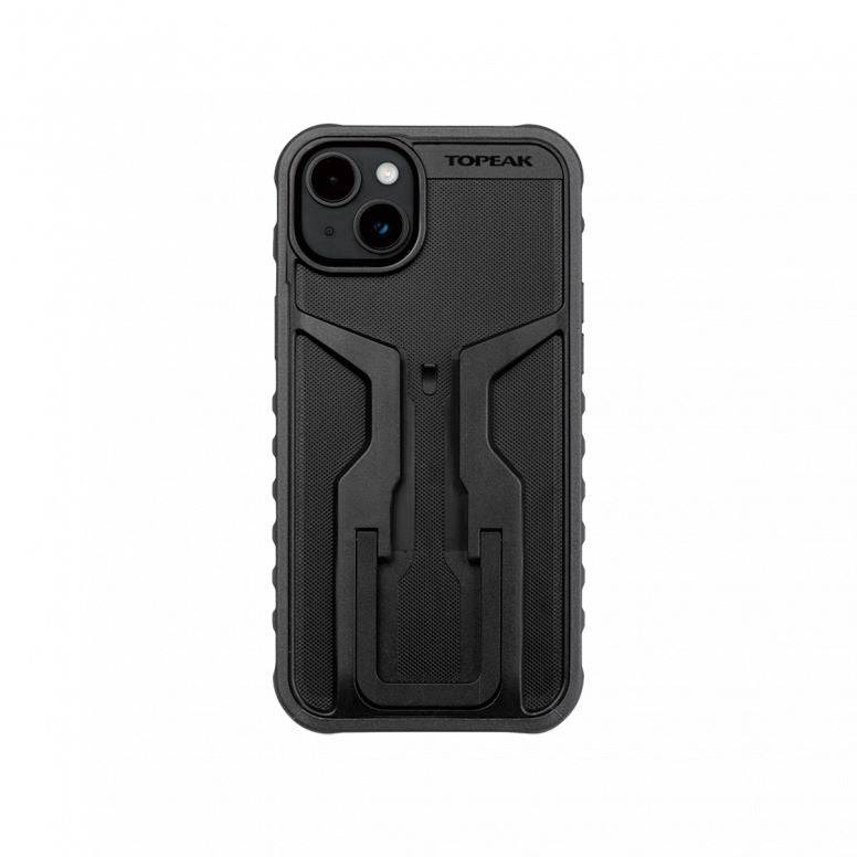 Topeak iPhone 14 Plus RideCase in black, a protective cycling phone case with a sturdy design and precise cutouts for the device.