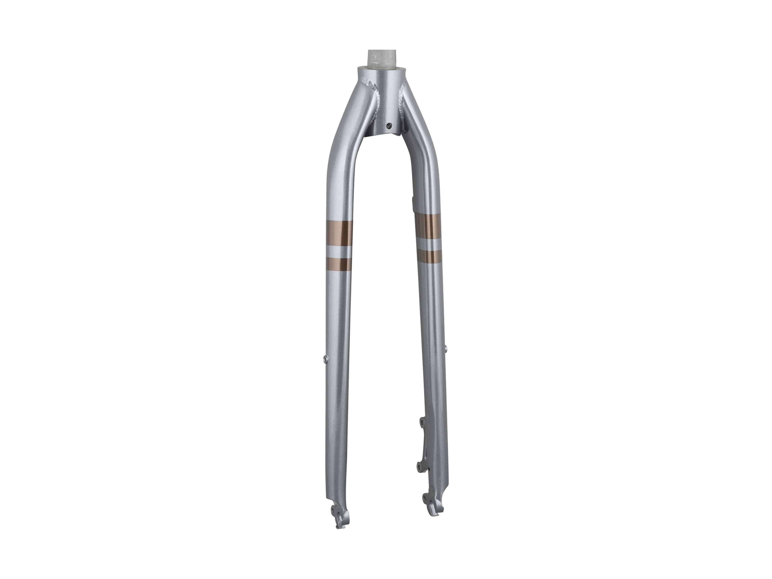 Trek 2023 Verve Steel 700C road bike disc brake forks showing the black, lightweight steel construction and mounting points for cycling.