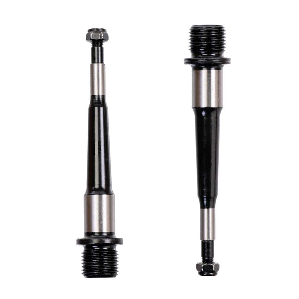 HT Components replacement bike pedal axles, showing metal spares and accessories for bike maintenance and repair.