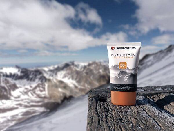 Lifesystems Mountain SPF 50+ sun cream 100ml bottle with broad spectrum UV protection, shown with label and cap.