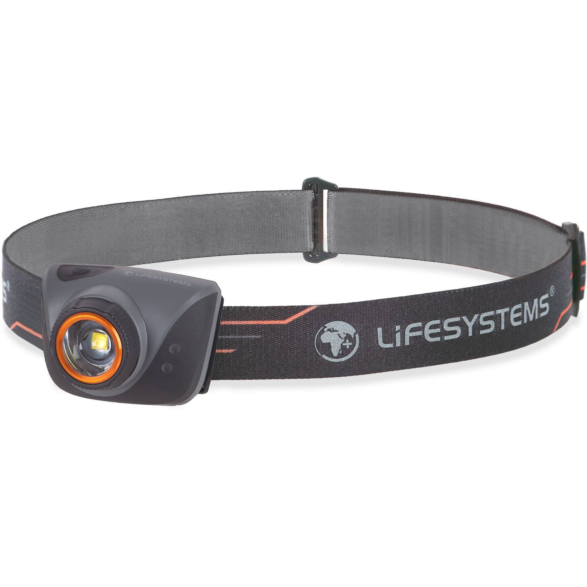 Lifesystems Intensity 580 rechargeable head torch with adjustable brightness and IPX4 water resistance, shown with strap and LED light.