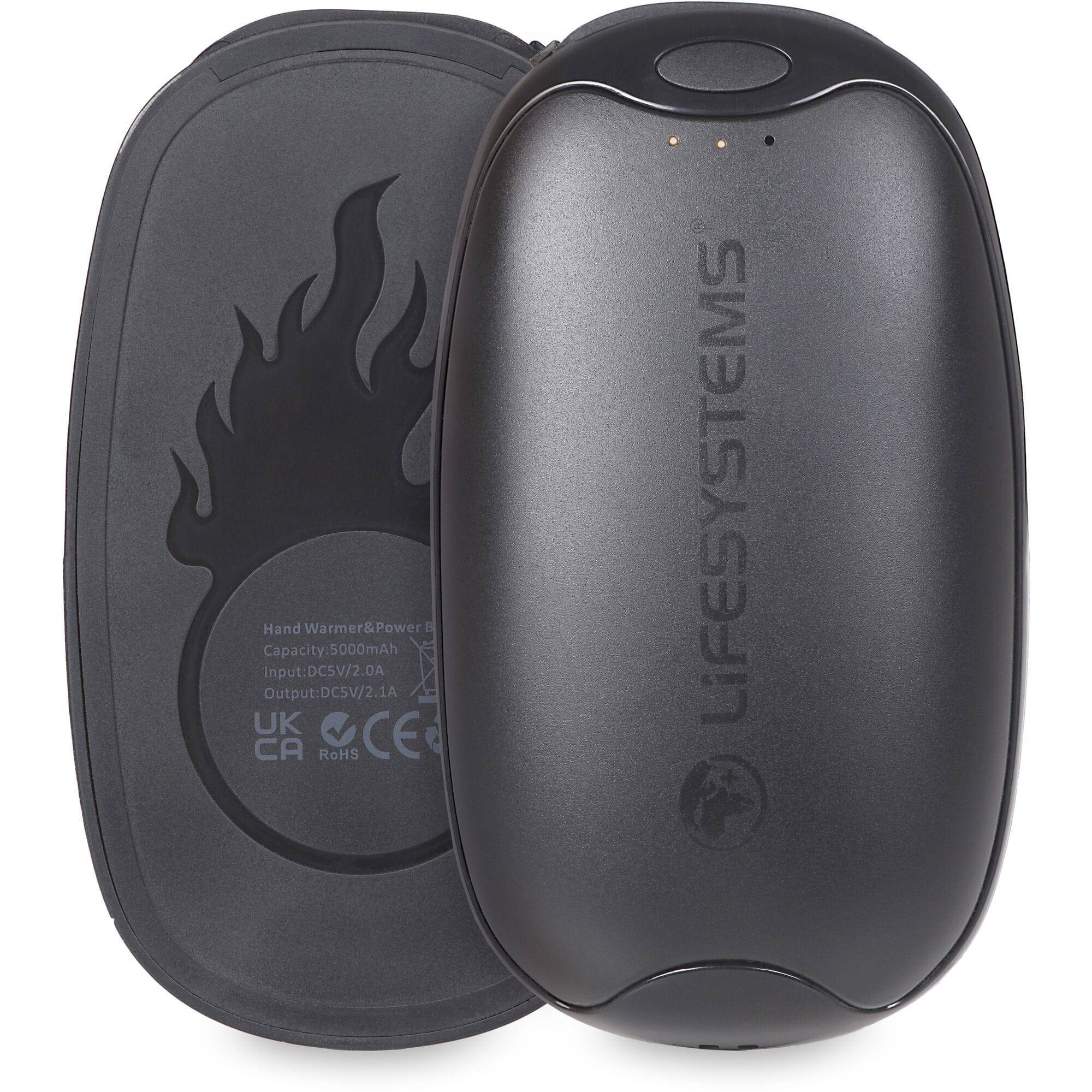 Lifesystems rechargeable dual palm handwarmer with adjustable heat settings and built-in power bank, shown in use.