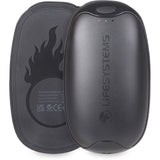 Lifesystems rechargeable dual palm handwarmer with adjustable heat settings and built-in power bank, shown in use.