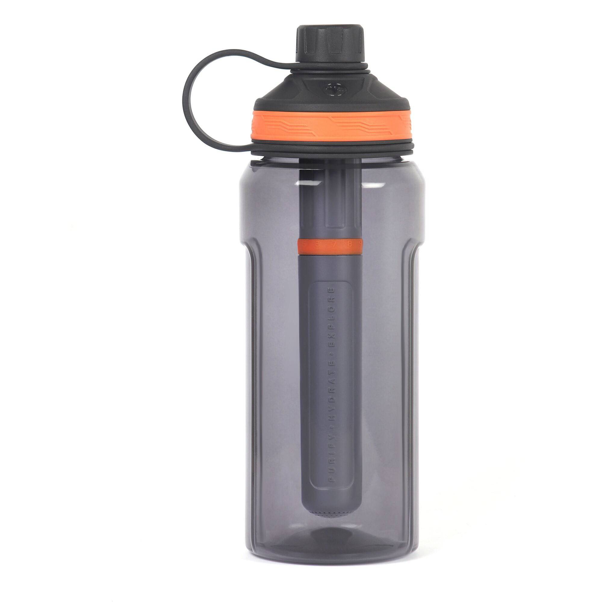 Lifesystems water filter and purifier bottle with virus and bacteria removal for outdoor use, shown with the filter attached.
