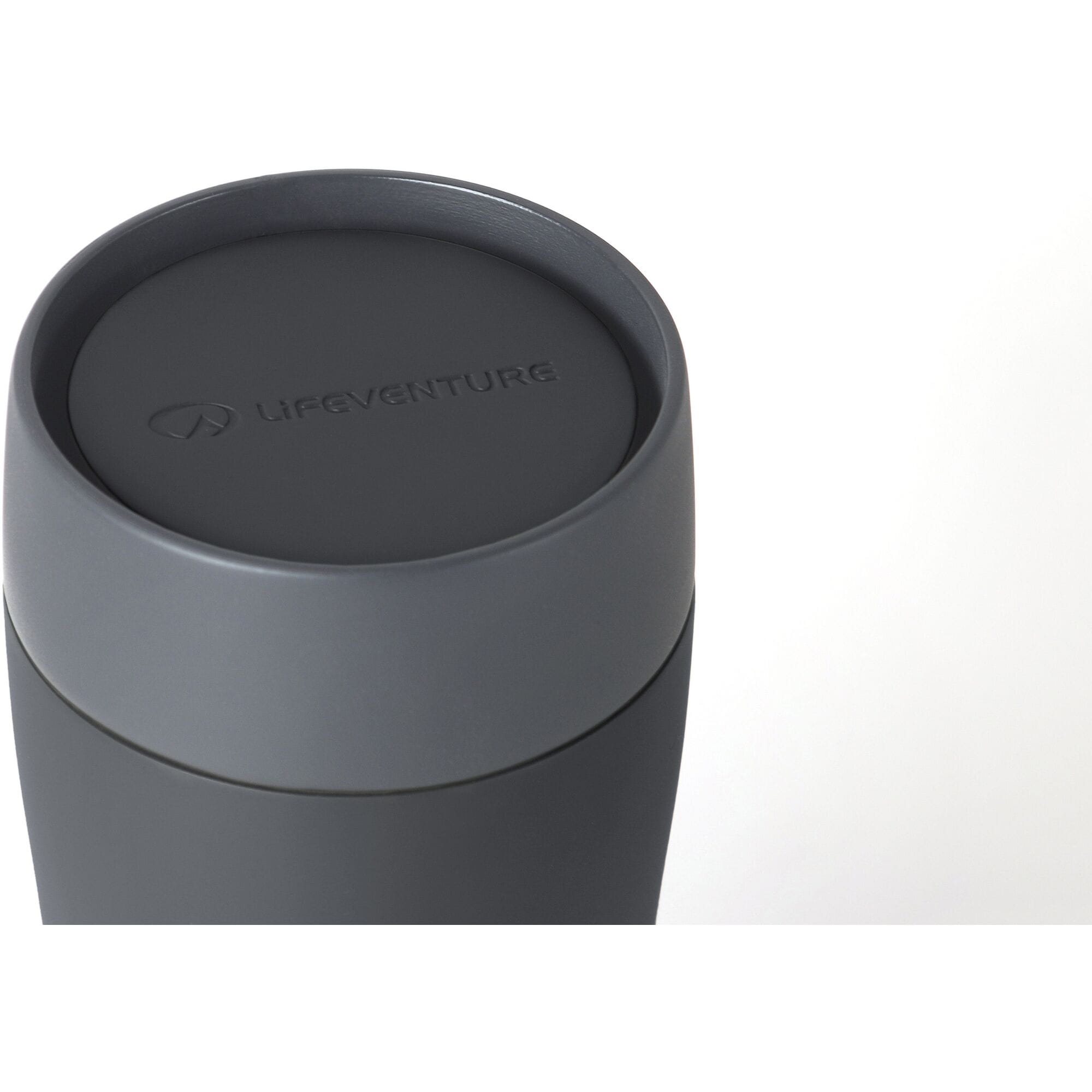 Lifeventure One Touch Thermal Mug in stainless steel with vacuum insulation, 300ml capacity, showing the mug with lid open.