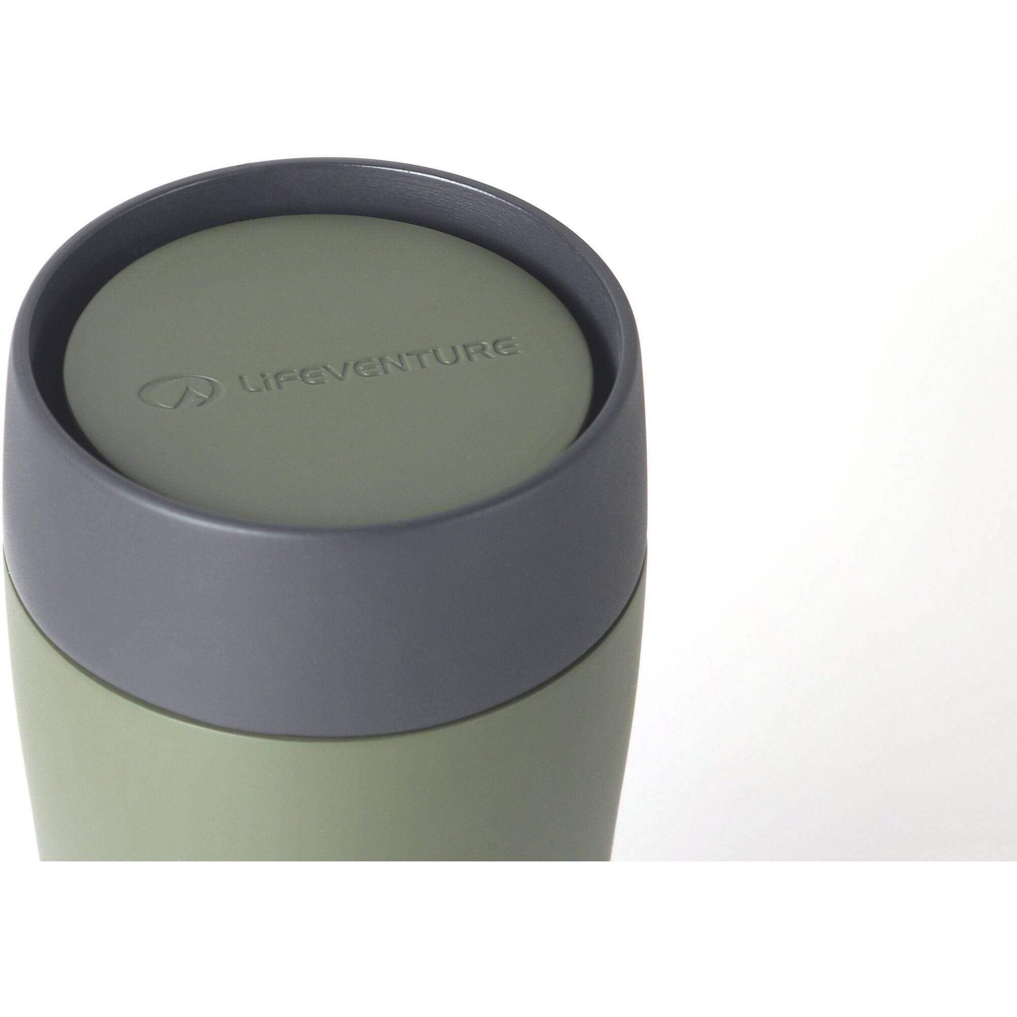Lifeventure One Touch Thermal Mug with stainless steel vacuum insulation, 300ml, showcasing its sleek design and secure lid.