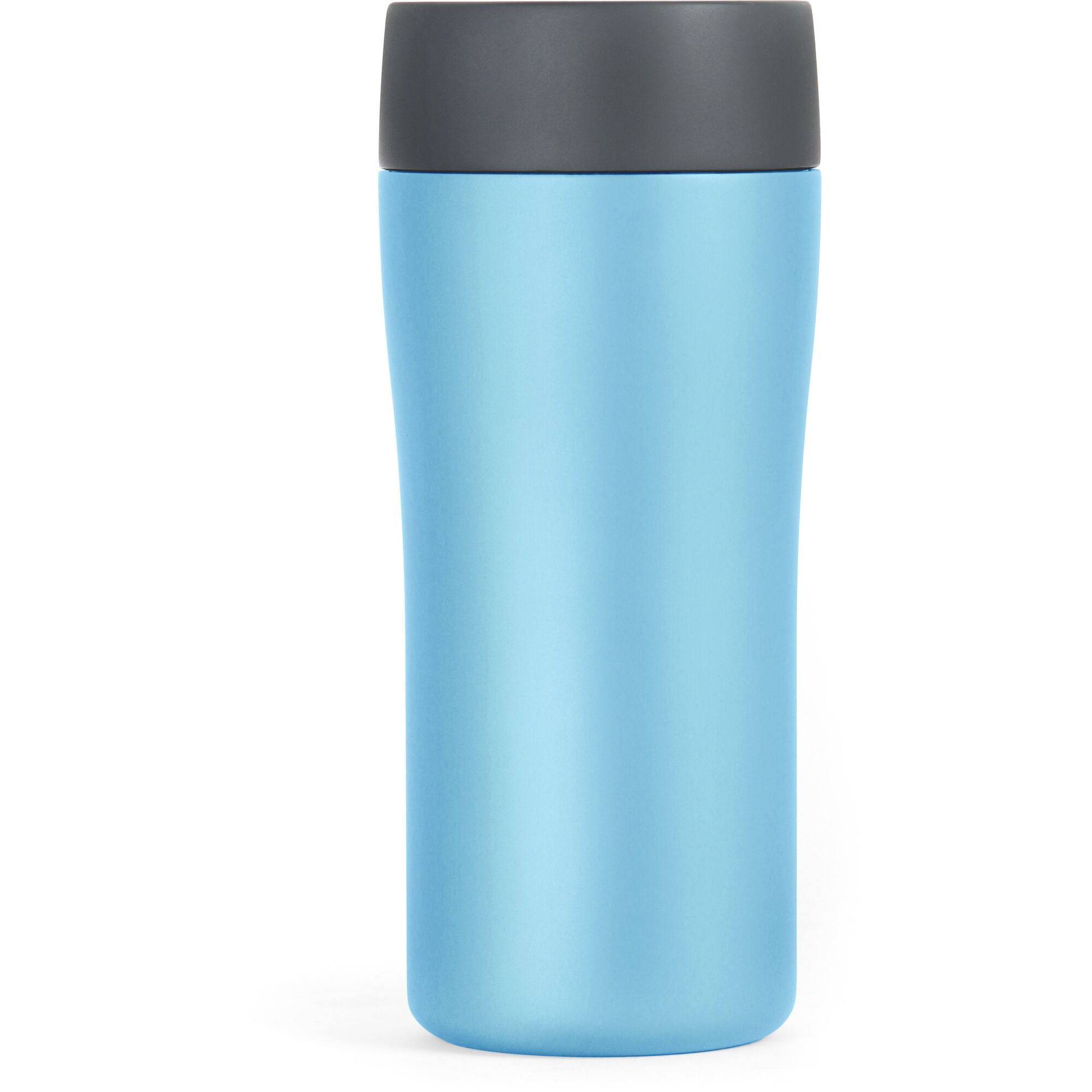 Lifeventure One Touch thermal mug with stainless steel vacuum insulation, 300ml capacity, portable accessories for hot drinks.