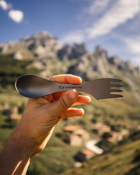 Lifeventure Superlight Titanium Spork, durable outdoor travel utensil with a sleek titanium design, ideal for camping and hiking.