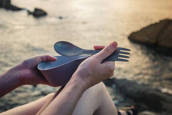 Lifeventure Superlight Titanium Spork, durable outdoor travel utensil with fork and spoon, lightweight titanium accessory for camping and hiking.