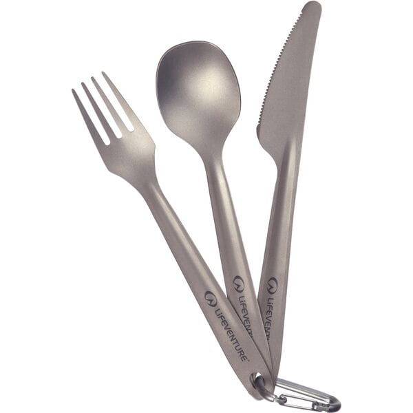 Lightweight Lifeventure Superlight Titanium Cutlery Set with fork, knife, and spoon for travel and outdoor use.