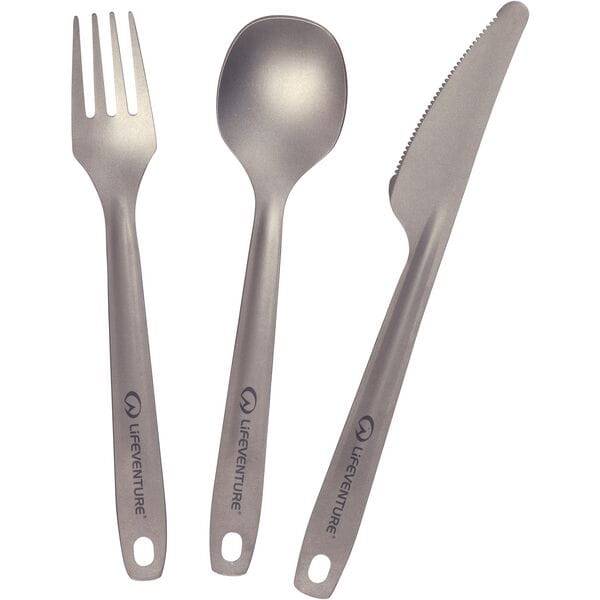 Lifeventure Superlight Titanium Cutlery Set with fork, knife, and spoon for travel and outdoor use, lightweight and durable accessories.
