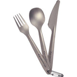 Lightweight Lifeventure Superlight Titanium Cutlery Set with fork, knife, and spoon for travel and outdoor use.