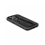 Black Topeak iPhone 14 Pro Ridecase bike mount case showing protective cover and mounting bracket for cycling accessories.