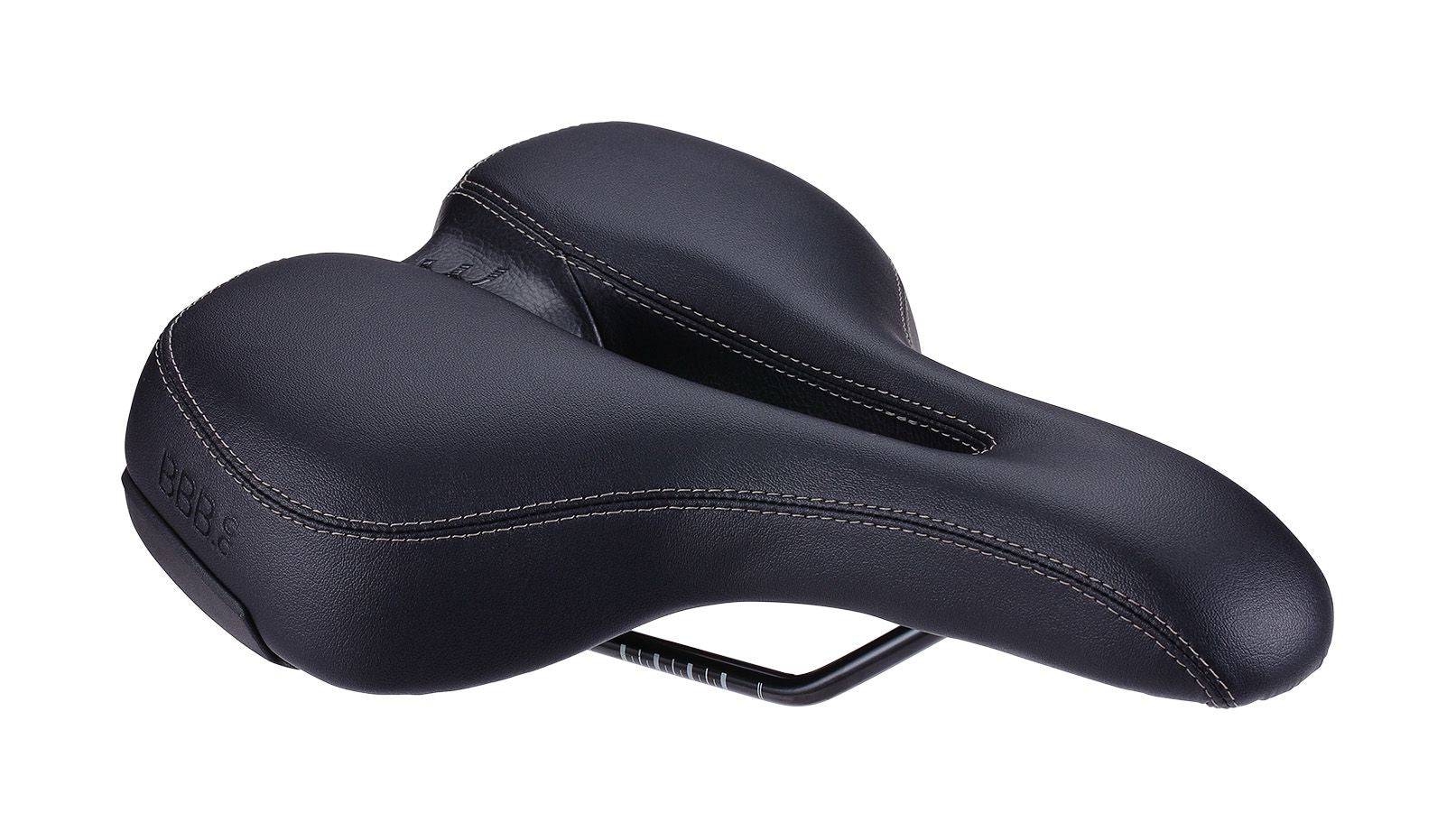 Black BBB BSD-122 SoftShape Active Saddle with anatomic cut-out, 185x265mm, shown from side view with cushioned design and sleek finish.