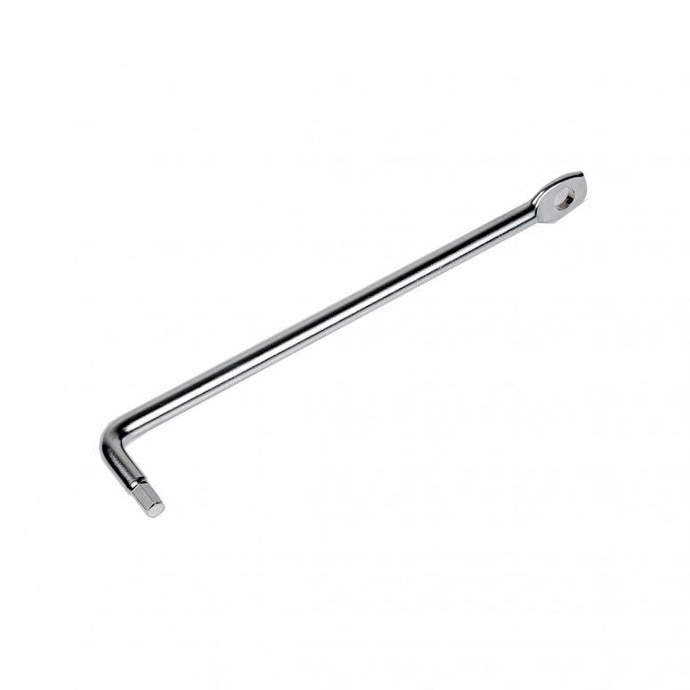 Topeak Fix Station 6mm pedal wrench in silver, a durable bike pedal tool shown in a workshop setting.