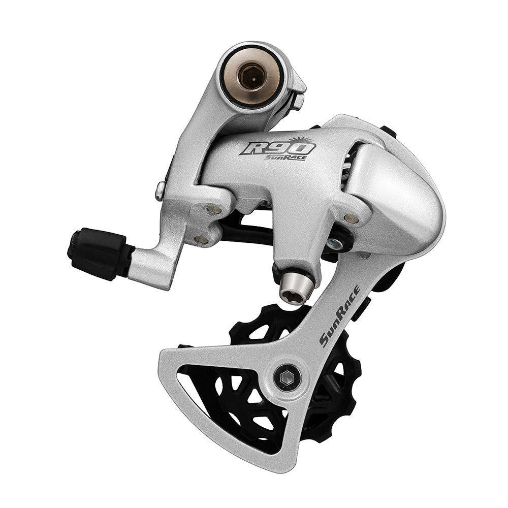 SunRace RDR91 SD 9-speed road bike rear derailleur with medium cage, showcasing the lightweight component for smooth gear shifting.