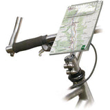 Rixen-Kaul KLICKfix map holder with quick release and mini adapter for bike mounting, shown attached to a bicycle handlebar.