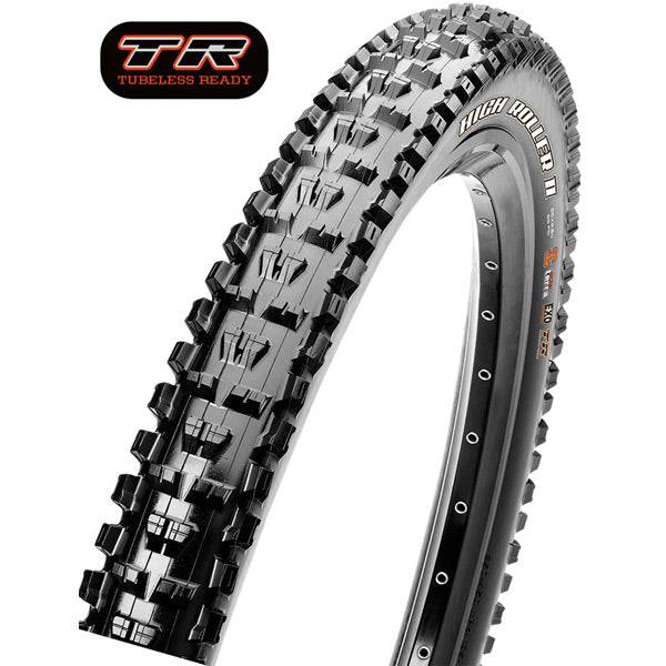 Maxxis High Roller II mountain bike tubeless-ready tyre with EXO protection, shown mounted on a mountain bike wheel.