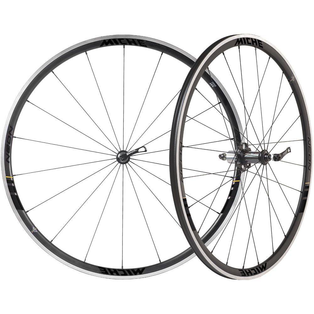 Miche Neon Black on Black Road Wheelset with tubeless-ready, aerodynamic design for high-performance cycling.