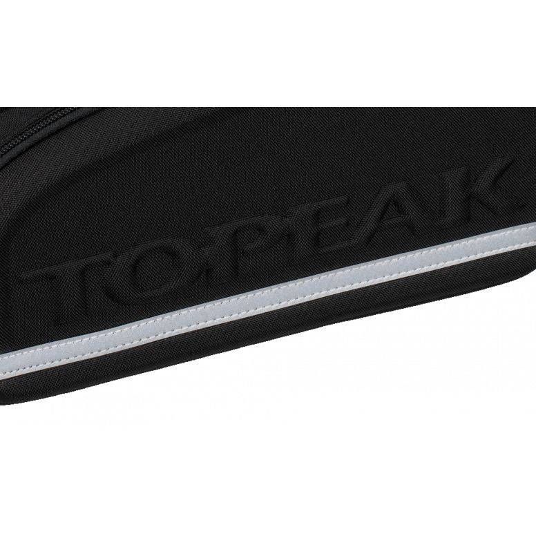 Topeak MTX TrunkBag DXP bike rack bag in black with expandable design and attached pannier for cycling accessories.