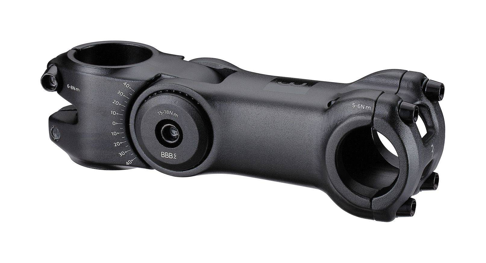 BBB Highsix Adjustable Stem V2 25.4mm for E-bike and Di2, showing the sleek black bike stem with adjustable features.