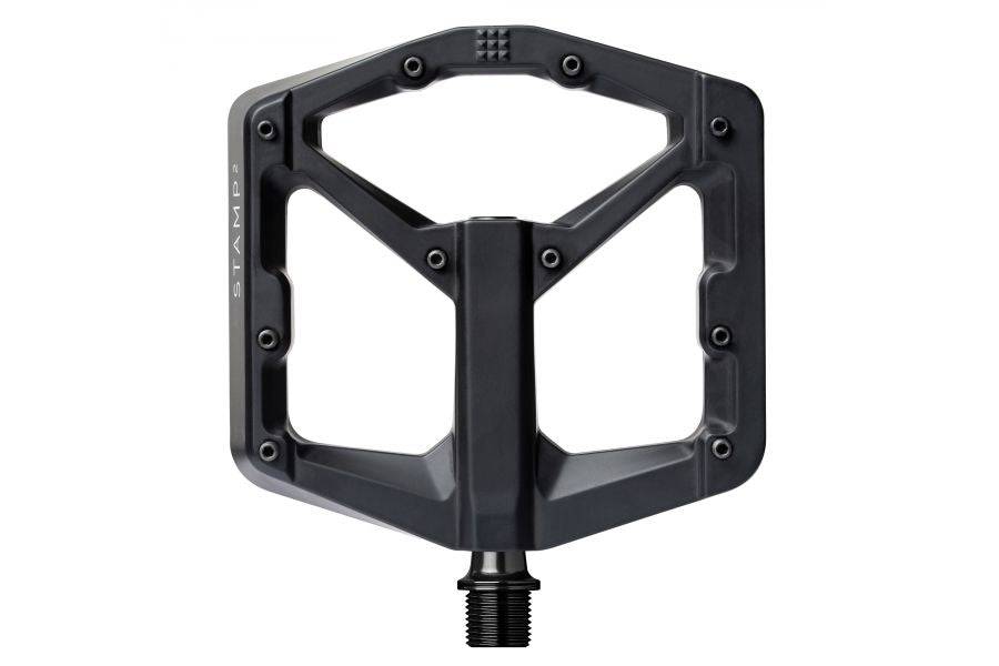 Crank Brothers Stamp 2 flat MTB pedal with adjustable pins, designed for trail riding and mountain biking.