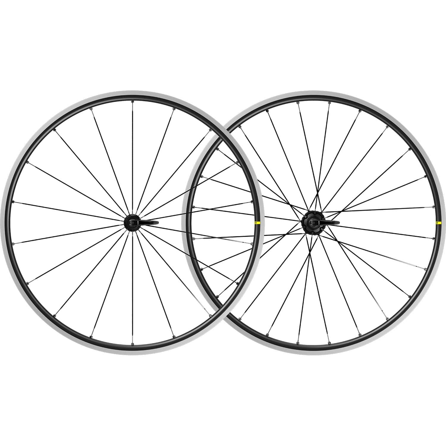 Mavic Ksyrium S QR rim brake road bike wheelset with quick release, showing black alloy rims and silver spokes.