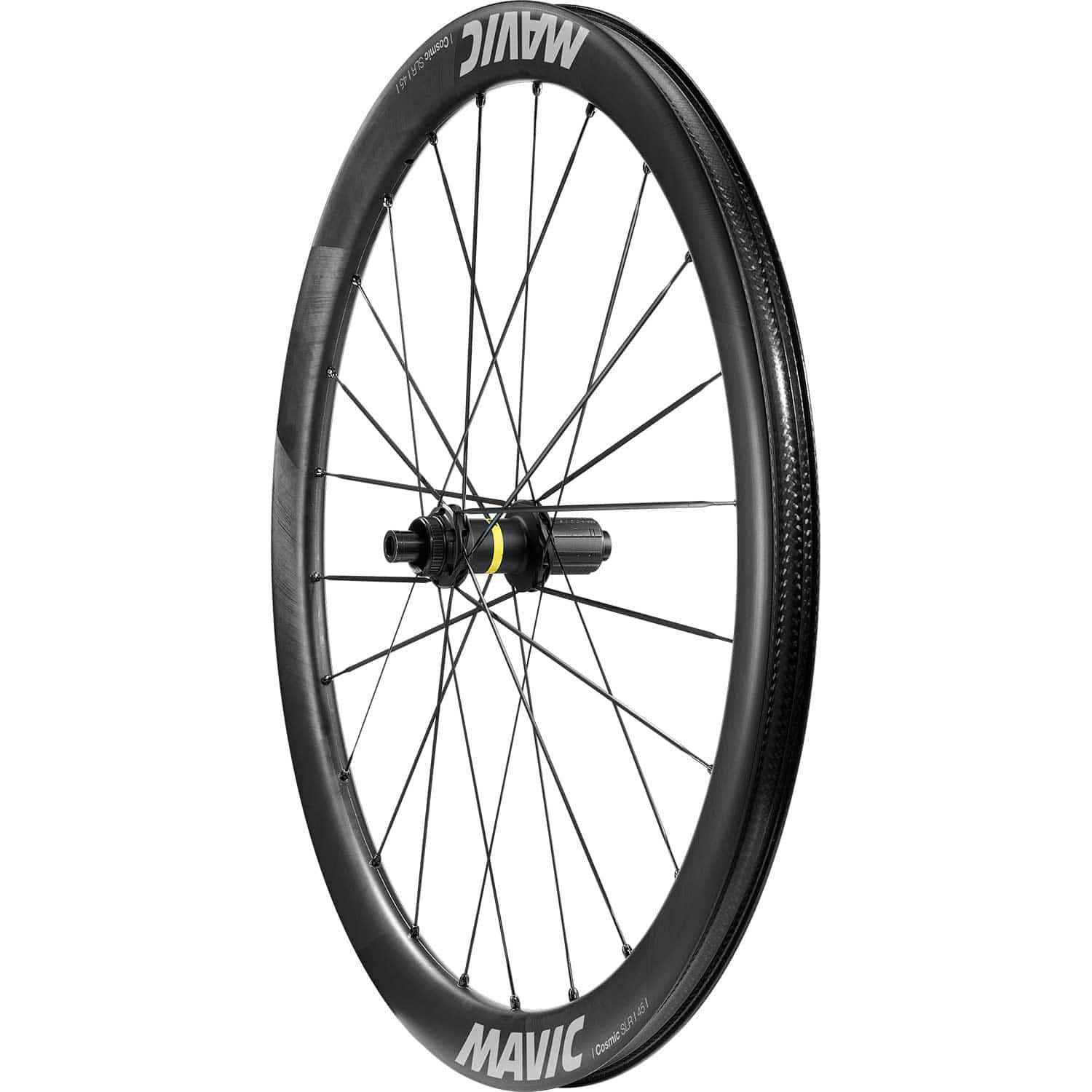 Close-up of Mavic Cosmic SLR 45 Disc Road Wheelset with 23mm tubeless-compatible rims, showcasing sleek black alloy components.