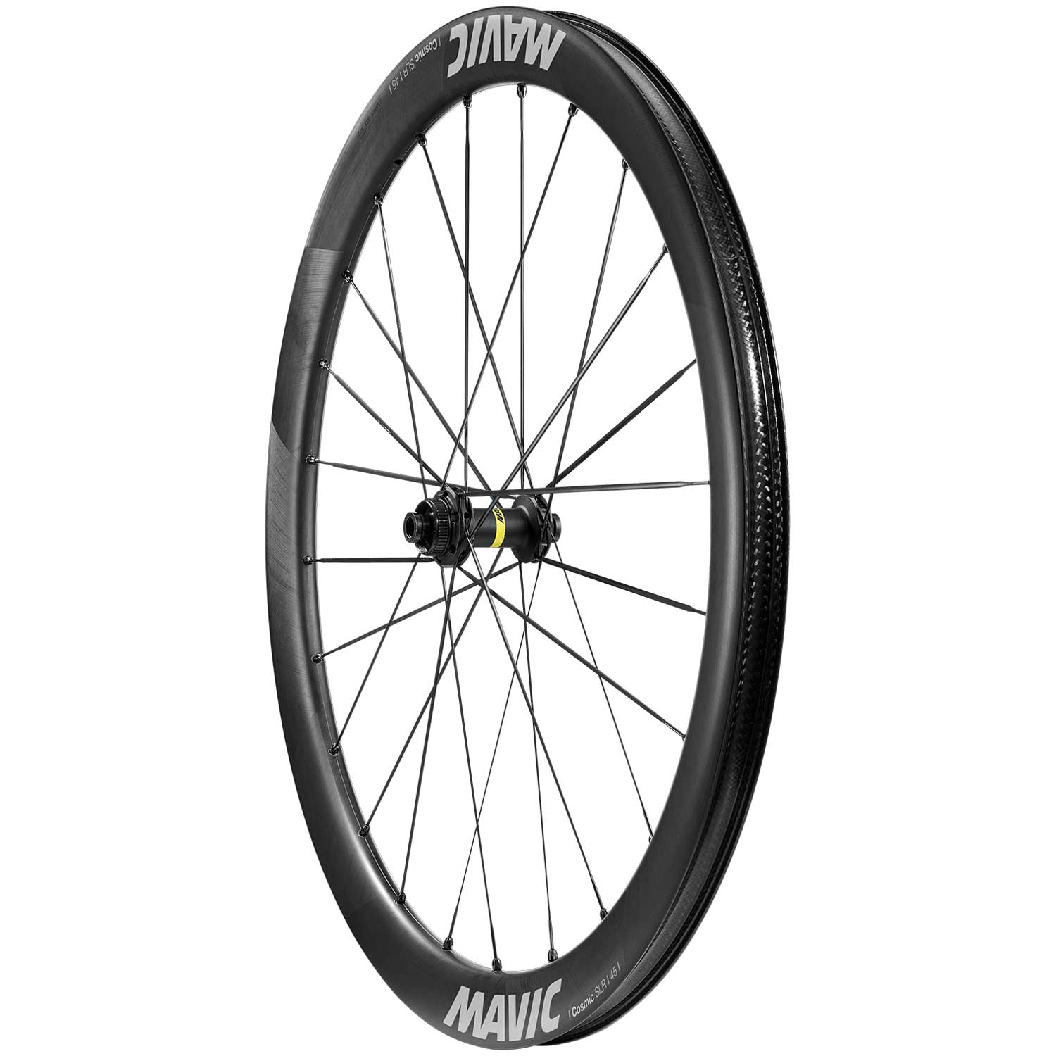 Mavic Cosmic SLR 45 Disc road wheelset with 23mm tubeless-compatible rims and aerodynamic design, shown from side view.
