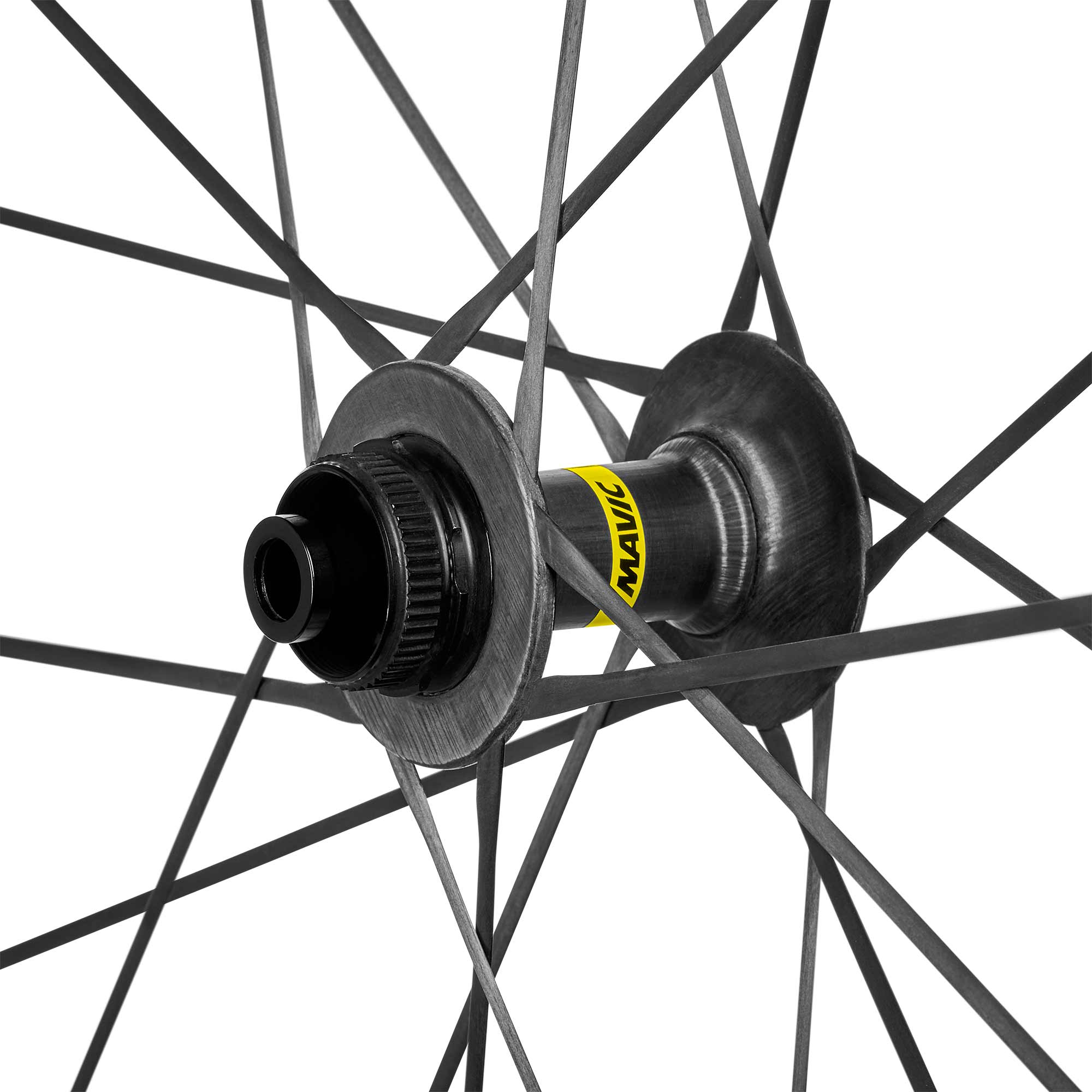 Mavic Cosmic Ultimate 45 Disc Road Wheelset with aerodynamic carbon rims and tubeless design, close-up view of the wheelset components.