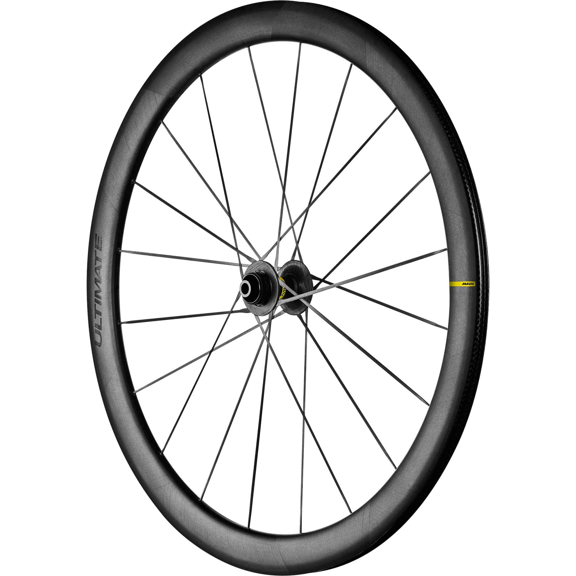 Mavic Cosmic Ultimate 45 Disc road wheelset with aerodynamic carbon rims and tubeless tires, showcasing sleek design and disc brake compatibility.