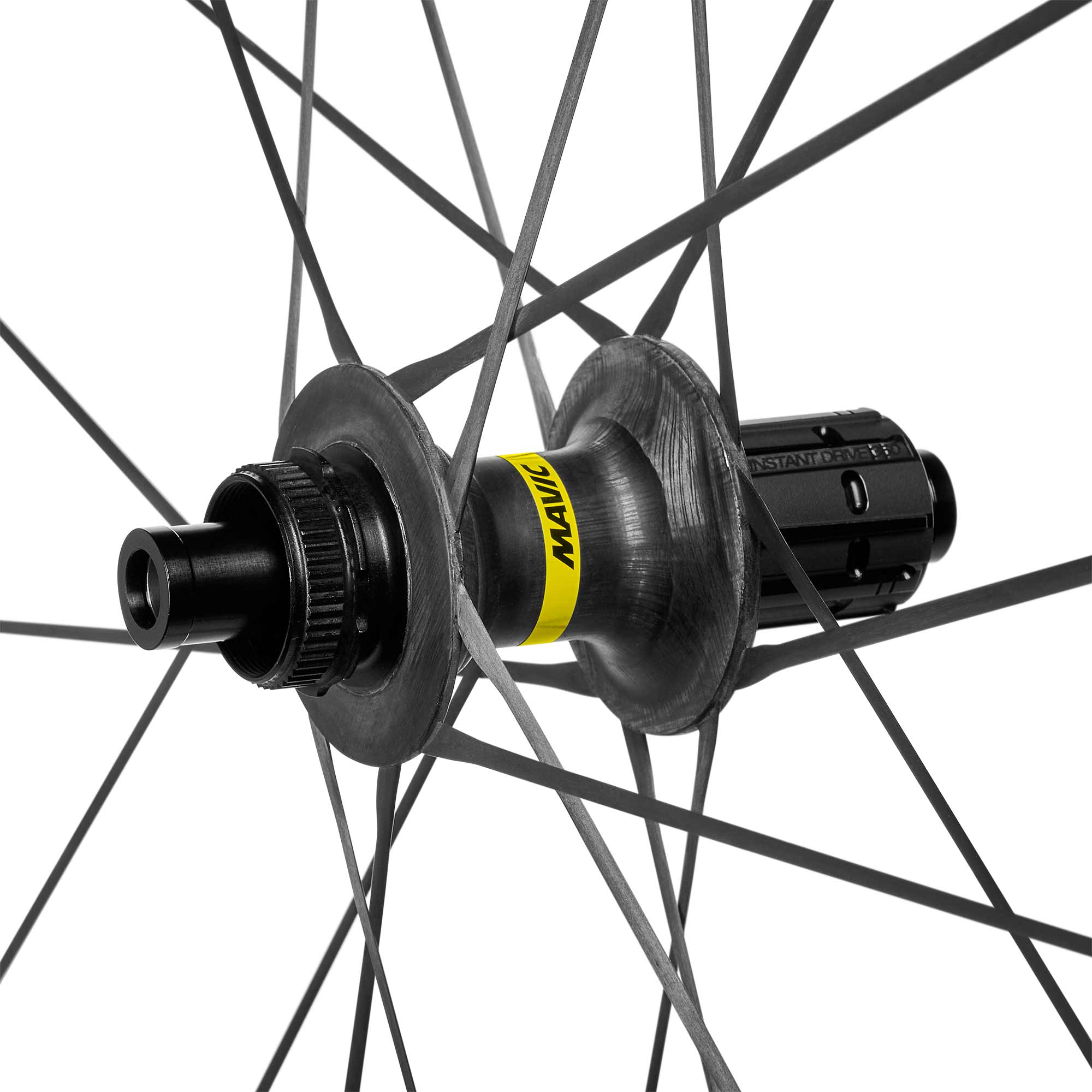Mavic Cosmic Ultimate 45 Disc road wheelset with aerodynamic carbon design and tubeless compatibility, mounted on a bicycle.
