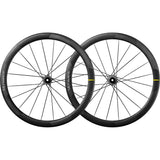 Mavic Cosmic Ultimate 45 Disc Road Wheelset with aerodynamic carbon rims and tubeless compatibility, shown from side view.