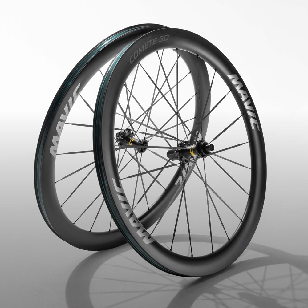 Mavic Comete 50 ceramic bearing carbon disc wheelset for road bikes, showing aerodynamic carbon rims and disc brake rotors.