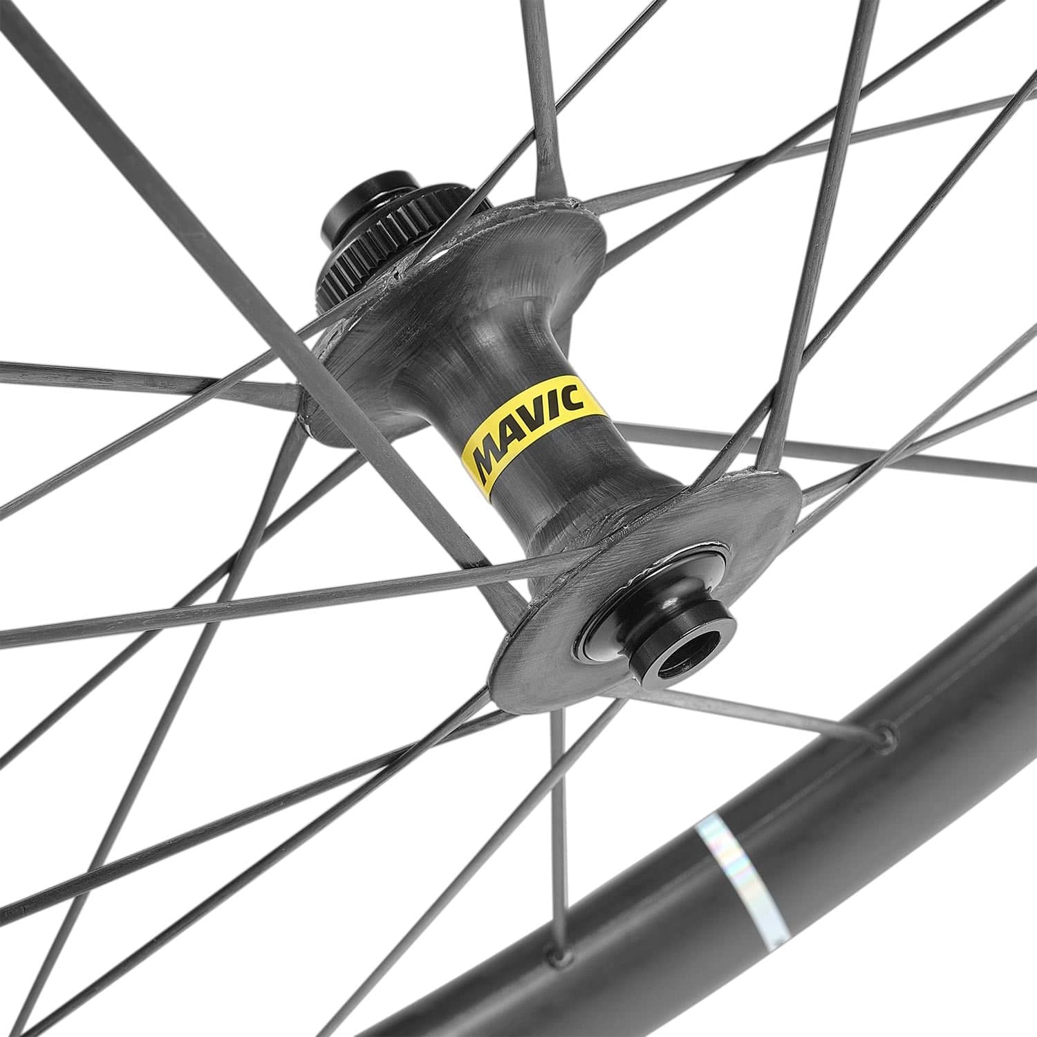 Mavic Cosmic Ultimate Centre Lock disc wheelset with carbon rim for road cycling, featuring aero spokes and hub detail.