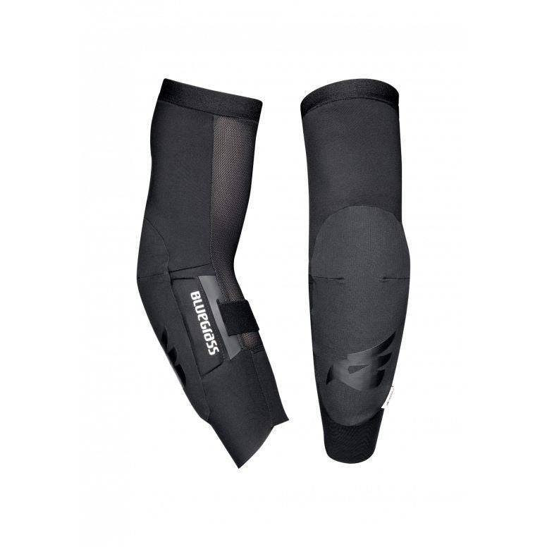 Bluegrass Aura Core Level 1 mountain bike elbow pads with triple-flex SAS-TEC protection in blue, showing adjustable straps and padding.